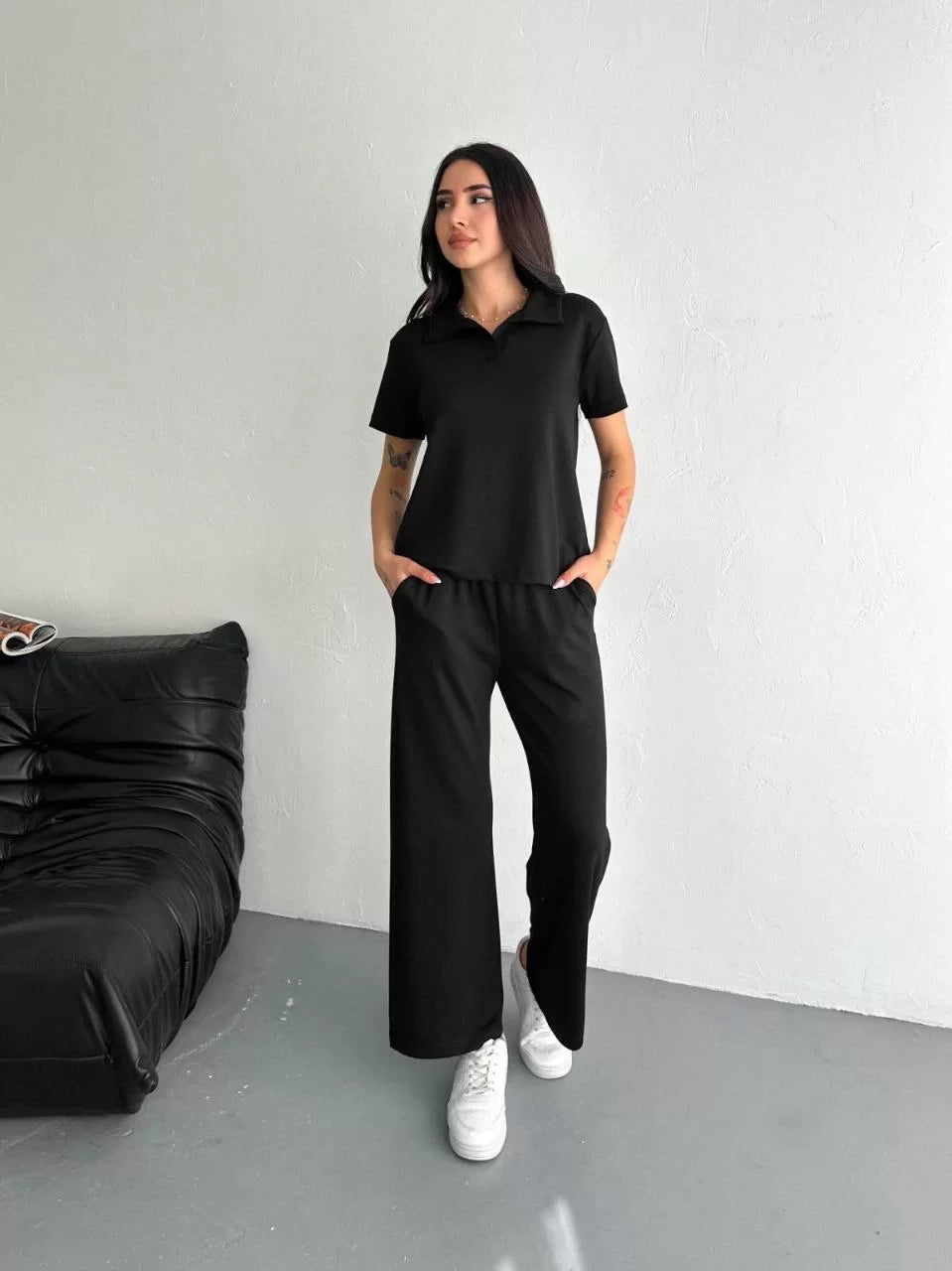 Osy Modal Yumuşak Dokulu Kumaş Kısa Kollu Yakalı T-shirt Pantalon ikili Takım- Siyah - Varsayılan
