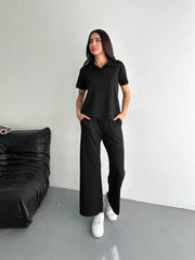 Osy Modal Yumuşak Dokulu Kumaş Kısa Kollu Yakalı T-shirt Pantalon ikili Takım- Siyah - Varsayılan