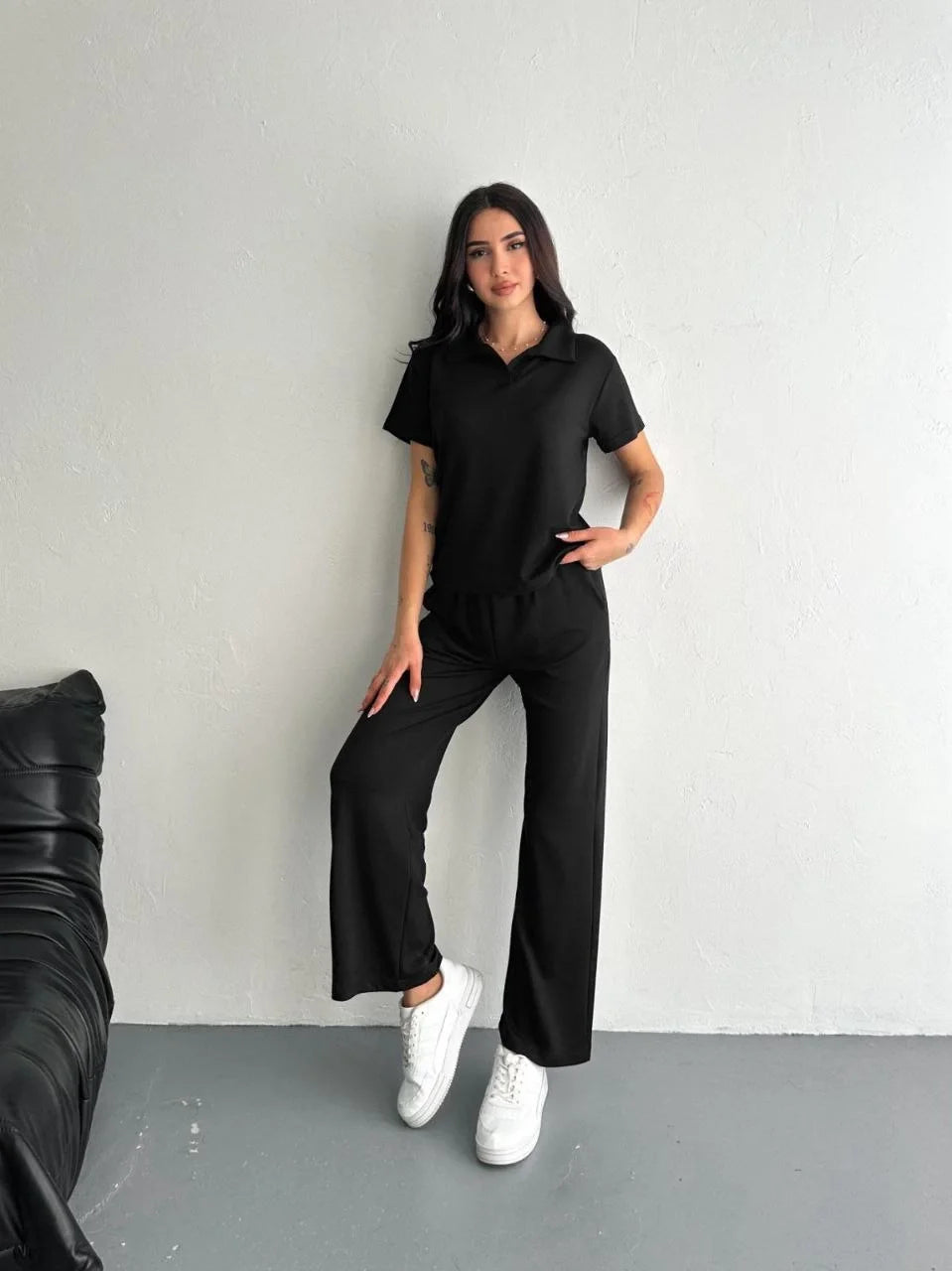 Osy Modal Yumuşak Dokulu Kumaş Kısa Kollu Yakalı T-shirt Pantalon ikili Takım- Siyah - Varsayılan