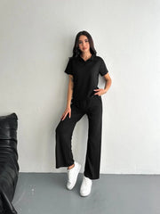 Osy Modal Yumuşak Dokulu Kumaş Kısa Kollu Yakalı T-shirt Pantalon ikili Takım- Siyah - Varsayılan
