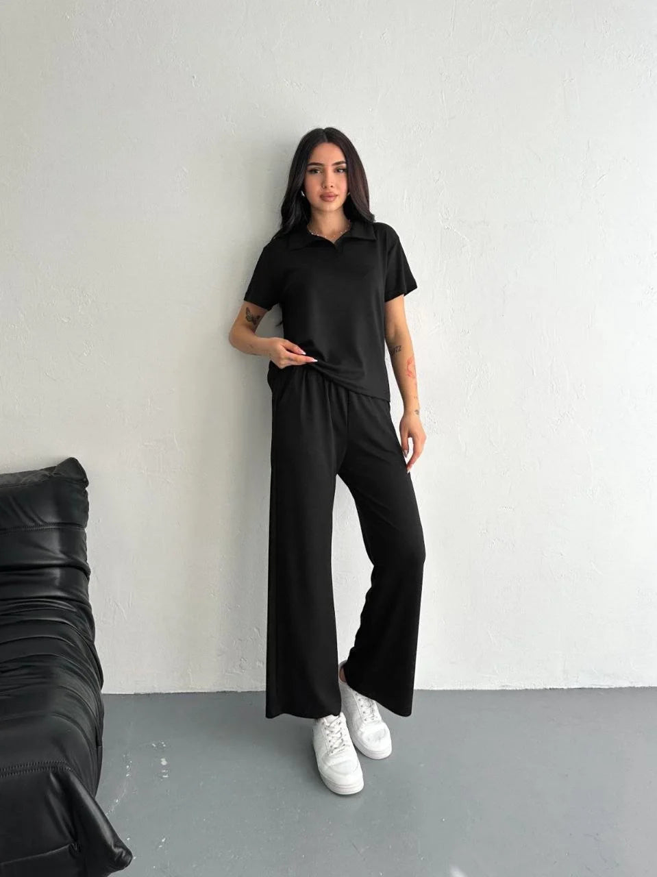 Osy Modal Yumuşak Dokulu Kumaş Kısa Kollu Yakalı T-shirt Pantalon ikili Takım- Siyah - Varsayılan
