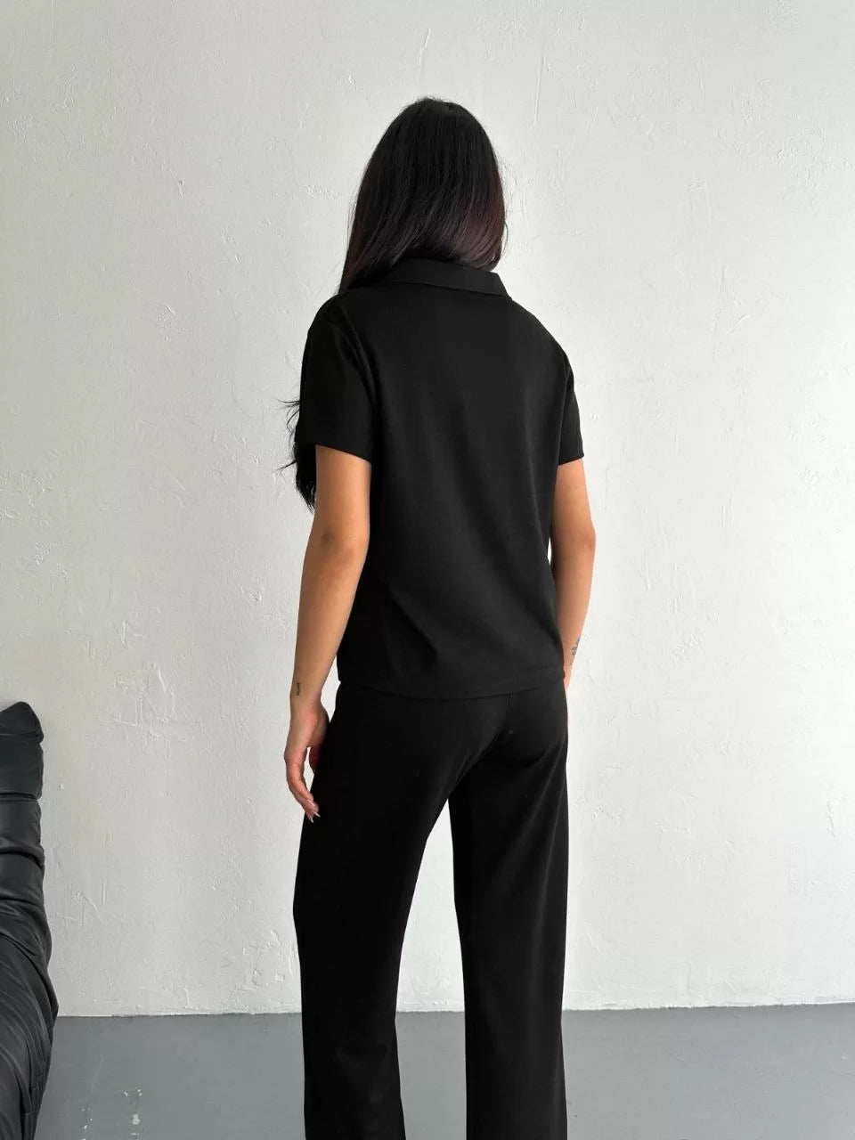 Osy Modal Yumuşak Dokulu Kumaş Kısa Kollu Yakalı T-shirt Pantalon ikili Takım- Siyah - Varsayılan
