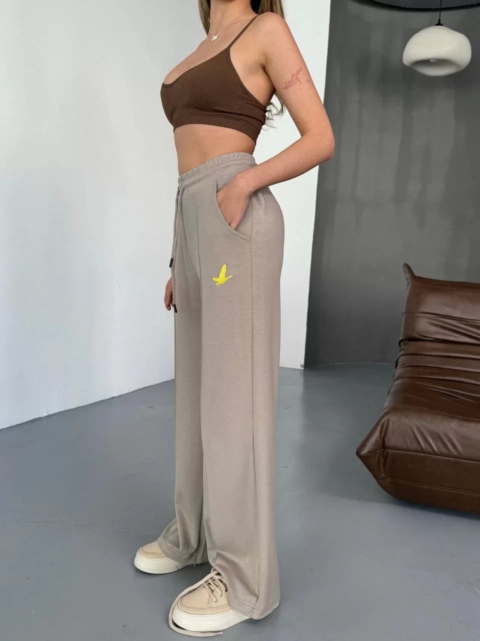 Osy Modal Yumuşak Dokulu Kumaş Nakış işlemeli Rahat Bol Paça Eşofman Pantalon - Varsayılan