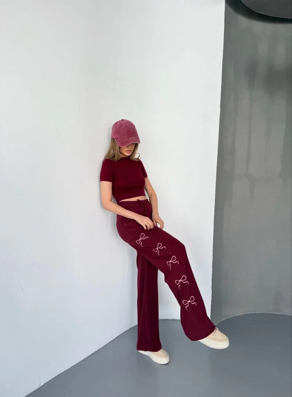 Osy Modal Yumuşak Dokulu Kumaş Nakış işlemeli Rahat Bol Paça Eşofman Pantalon - Varsayılan