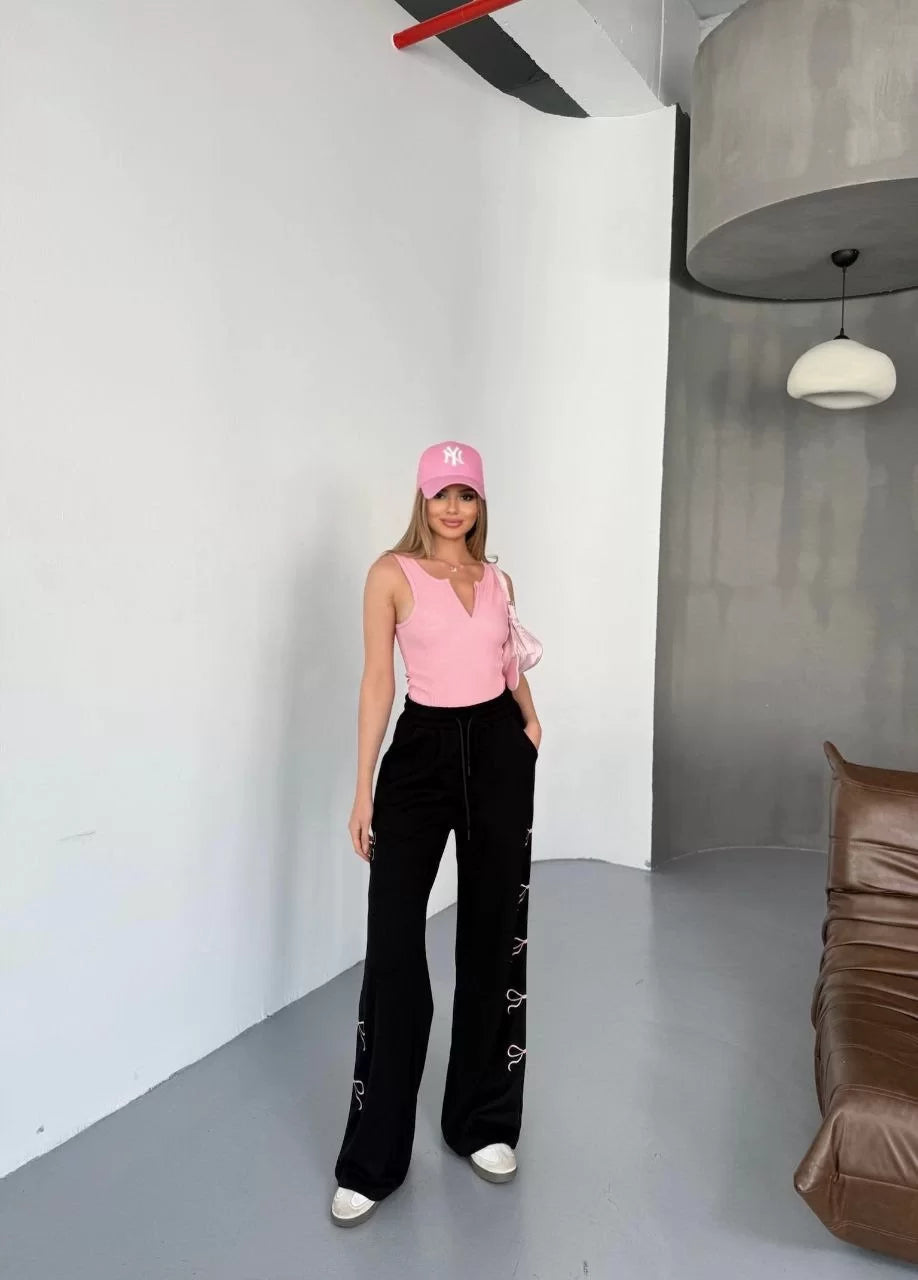 Osy Modal Yumuşak Dokulu Kumaş Nakış işlemeli Rahat Bol Paça Eşofman Pantalon - Varsayılan