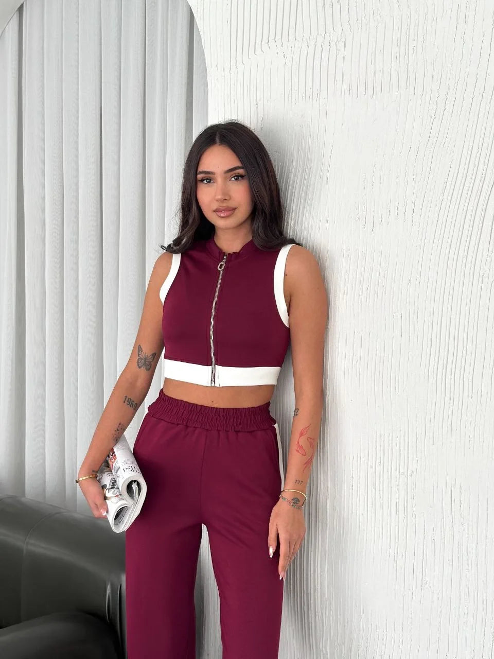 Osy Modal Yumuşak Dokulu Kumaş Tam Fermuarlı Crop Pantalon İkili Takım - Varsayılan