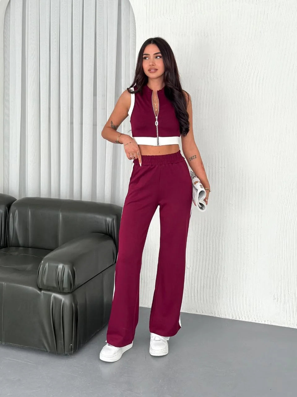 Osy Modal Yumuşak Dokulu Kumaş Tam Fermuarlı Crop Pantalon İkili Takım - Varsayılan