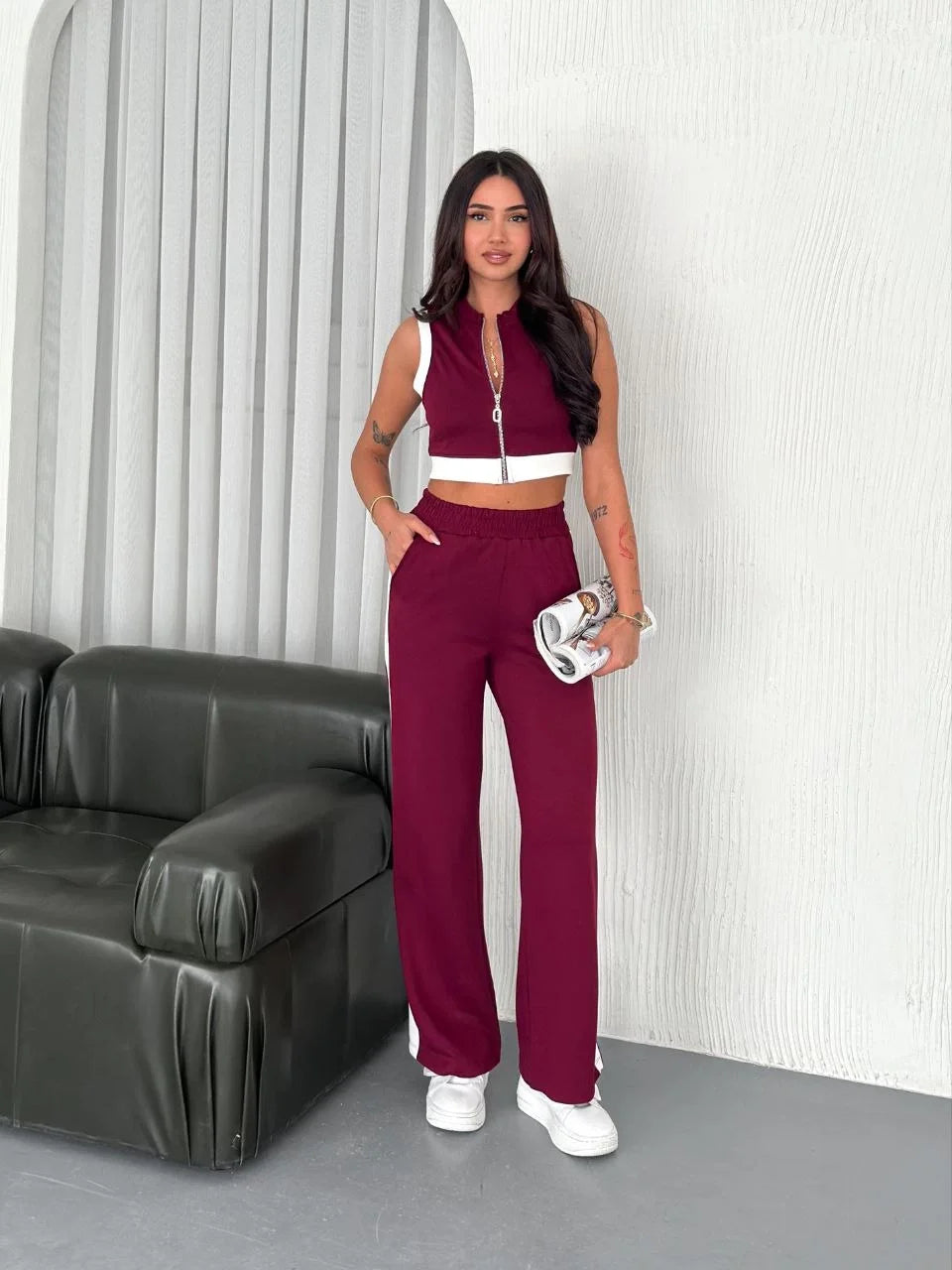 Osy Modal Yumuşak Dokulu Kumaş Tam Fermuarlı Crop Pantalon İkili Takım - Varsayılan