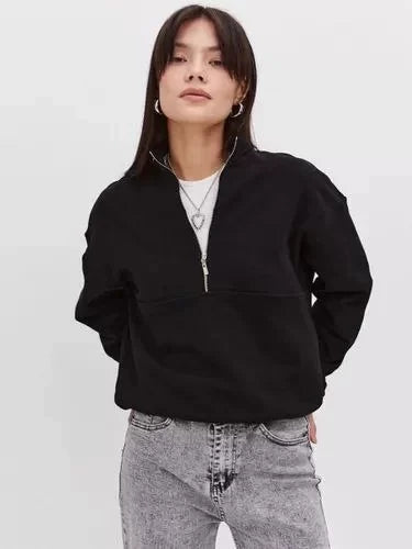 Oversize Yarım Farmuarlı Yakalı Basic SweatShirt - Varsayılan