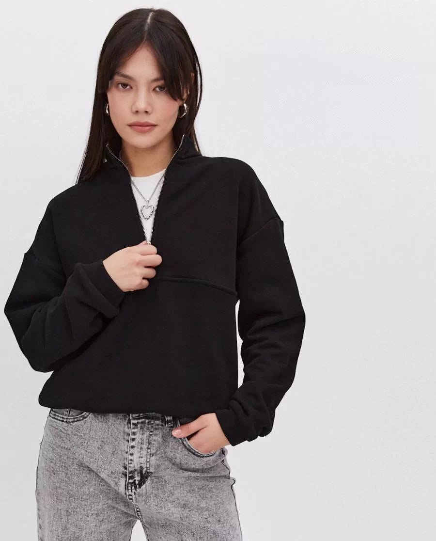 Oversize Yarım Farmuarlı Yakalı Basic SweatShirt - Varsayılan
