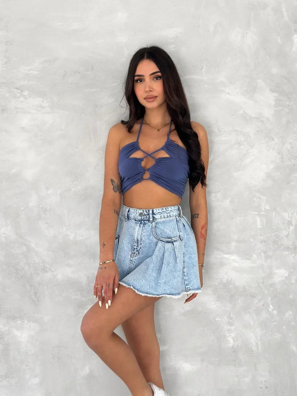 Kot Jeans Kesimetrik Kesim Cepli Şortlu Etek - Varsayılan