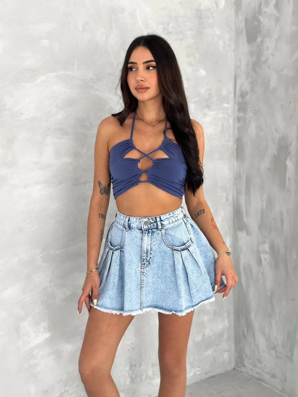 Kot Jeans Kesimetrik Kesim Cepli Şortlu Etek - Varsayılan