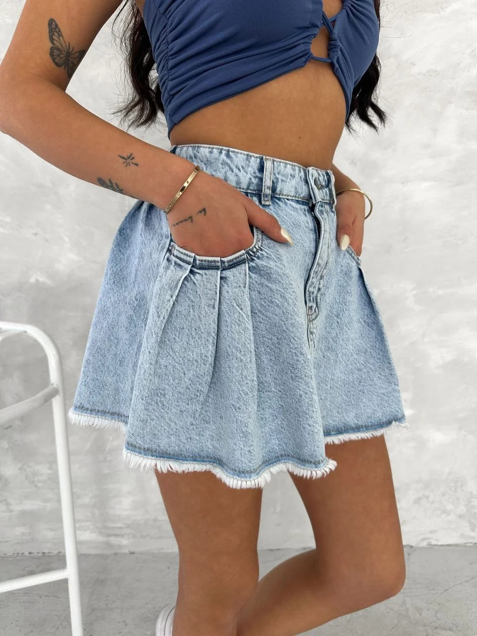 Kot Jeans Kesimetrik Kesim Cepli Şortlu Etek - Varsayılan
