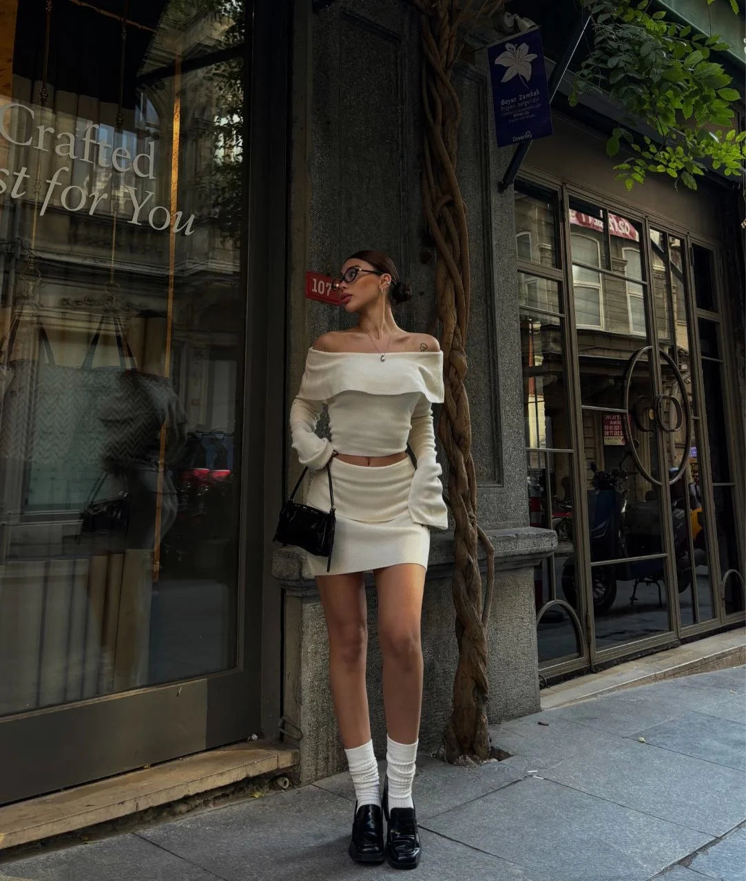 Straplez , Madonna , Carmen Yaka Croplu Mini Etekli ikili Takım Triko - Varsayılan