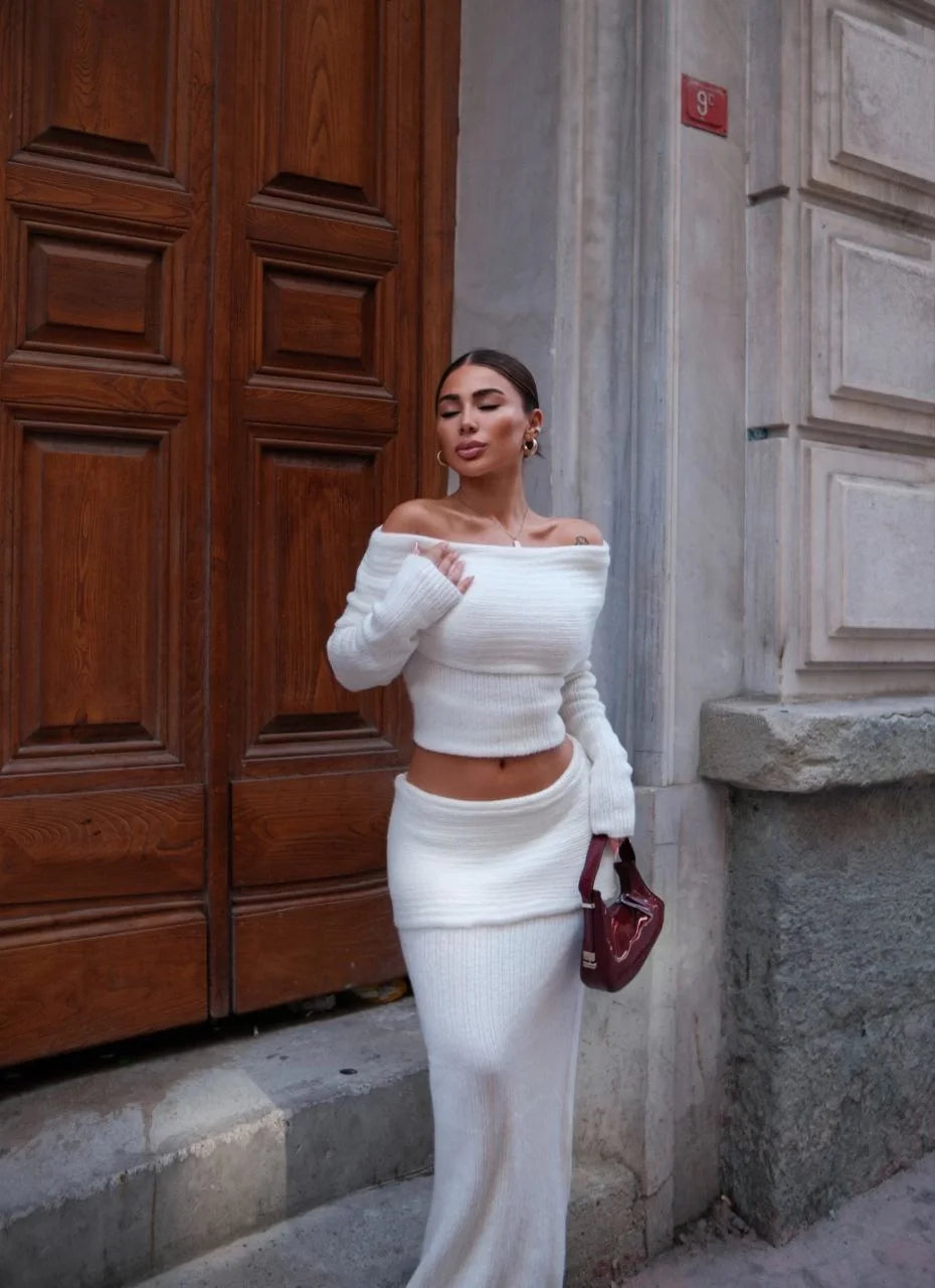 Straplez , Madonna , Carmen Yaka Croplu Mini Etekli ikili Takım Triko - Varsayılan