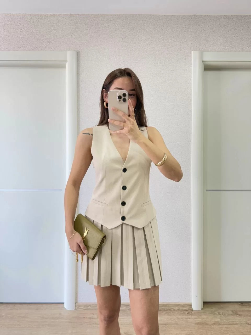 Keten Takım Görünümlü Düğme Detaylı Yelekli Mini Elbise - Varsayılan