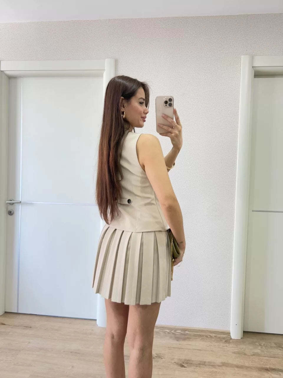 Keten Takım Görünümlü Düğme Detaylı Yelekli Mini Elbise - Varsayılan