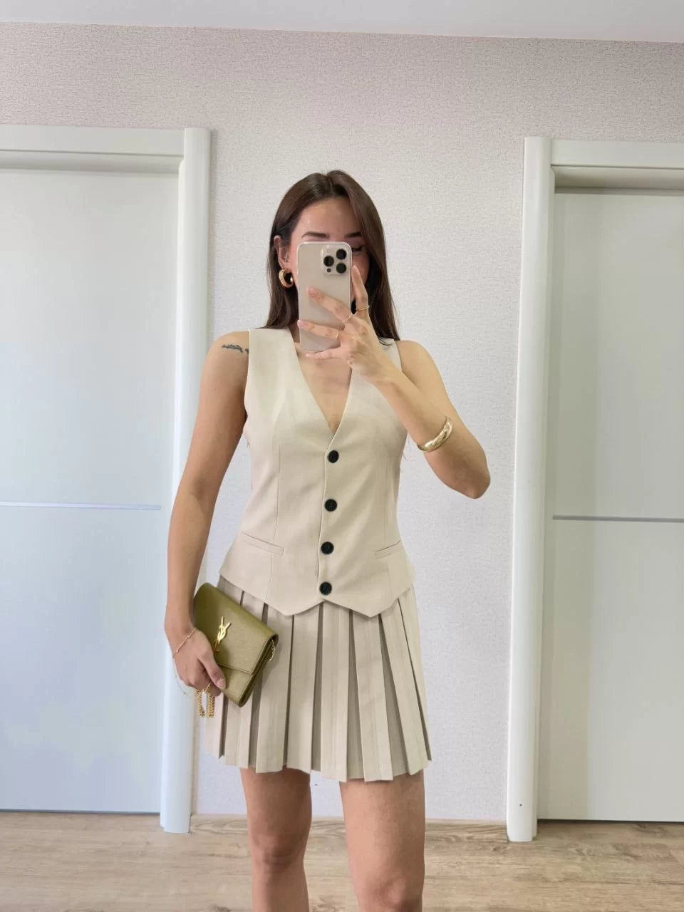 Keten Takım Görünümlü Düğme Detaylı Yelekli Mini Elbise - Varsayılan