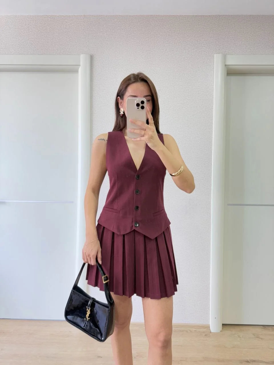 Keten Takım Görünümlü Düğme Detaylı Yelekli Mini Elbise - Varsayılan
