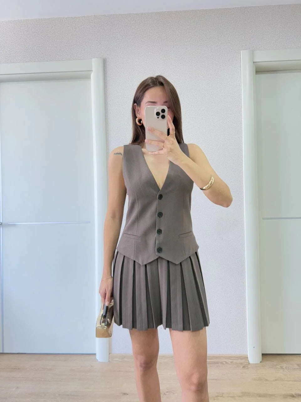 Keten Takım Görünümlü Düğme Detaylı Yelekli Mini Elbise - Varsayılan