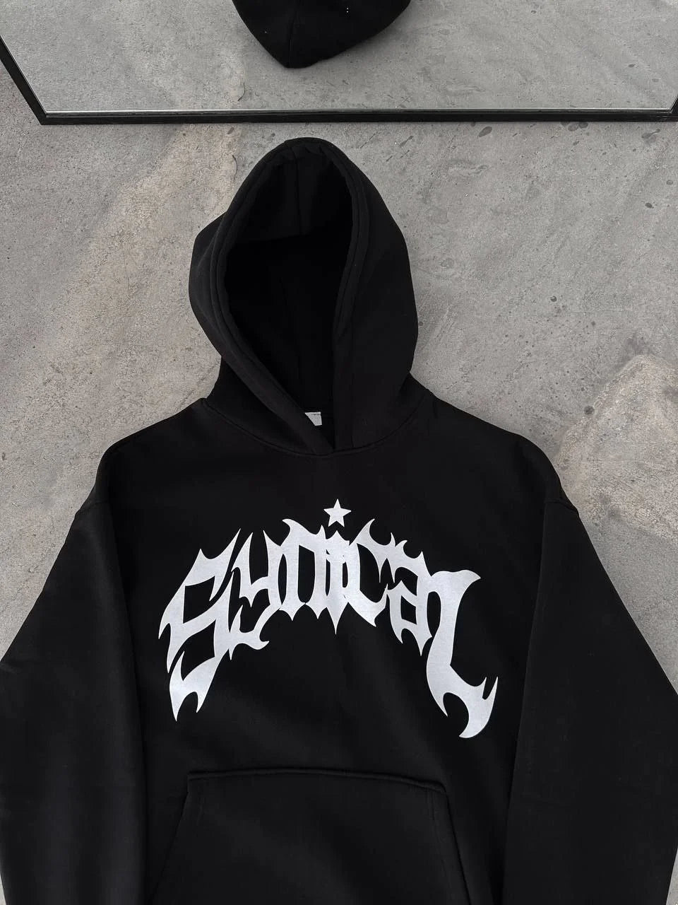Üç İplik Kapüşonlu Baskılı Oversize SweatShirt- Siyah - Varsayılan