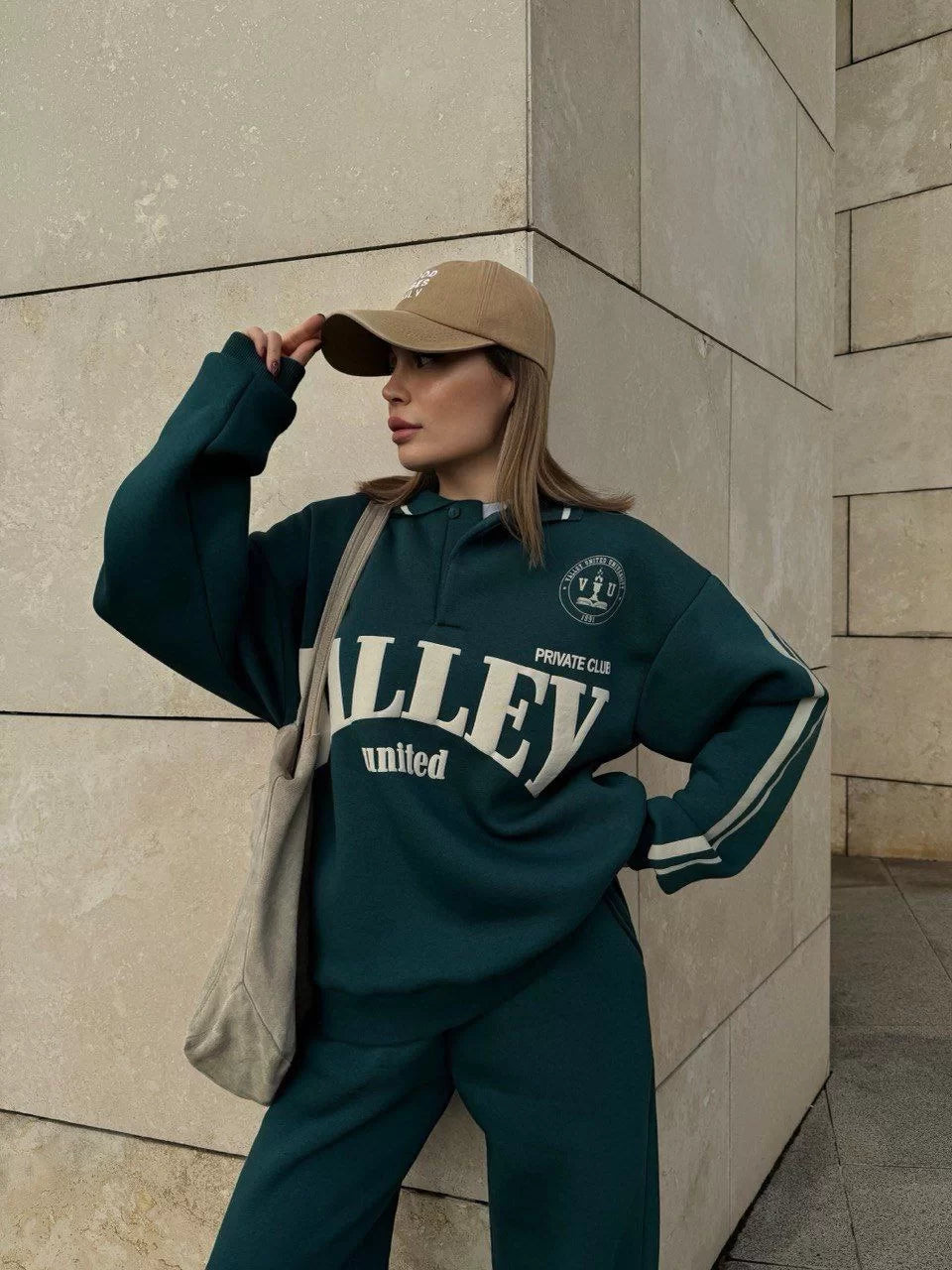 Üç İplik Yakalı Sweat Baggy Pantalonlu Takım - Varsayılan