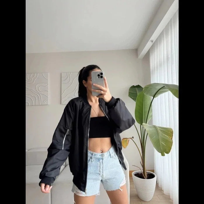 Unisex İçi Astarlı Düz Bomber Ceket - Varsayılan