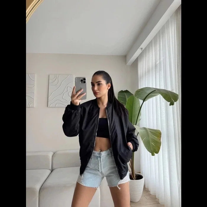 Unisex İçi Astarlı Düz Bomber Ceket - Varsayılan