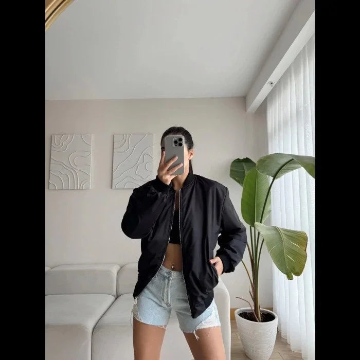 Unisex İçi Astarlı Düz Bomber Ceket - Varsayılan