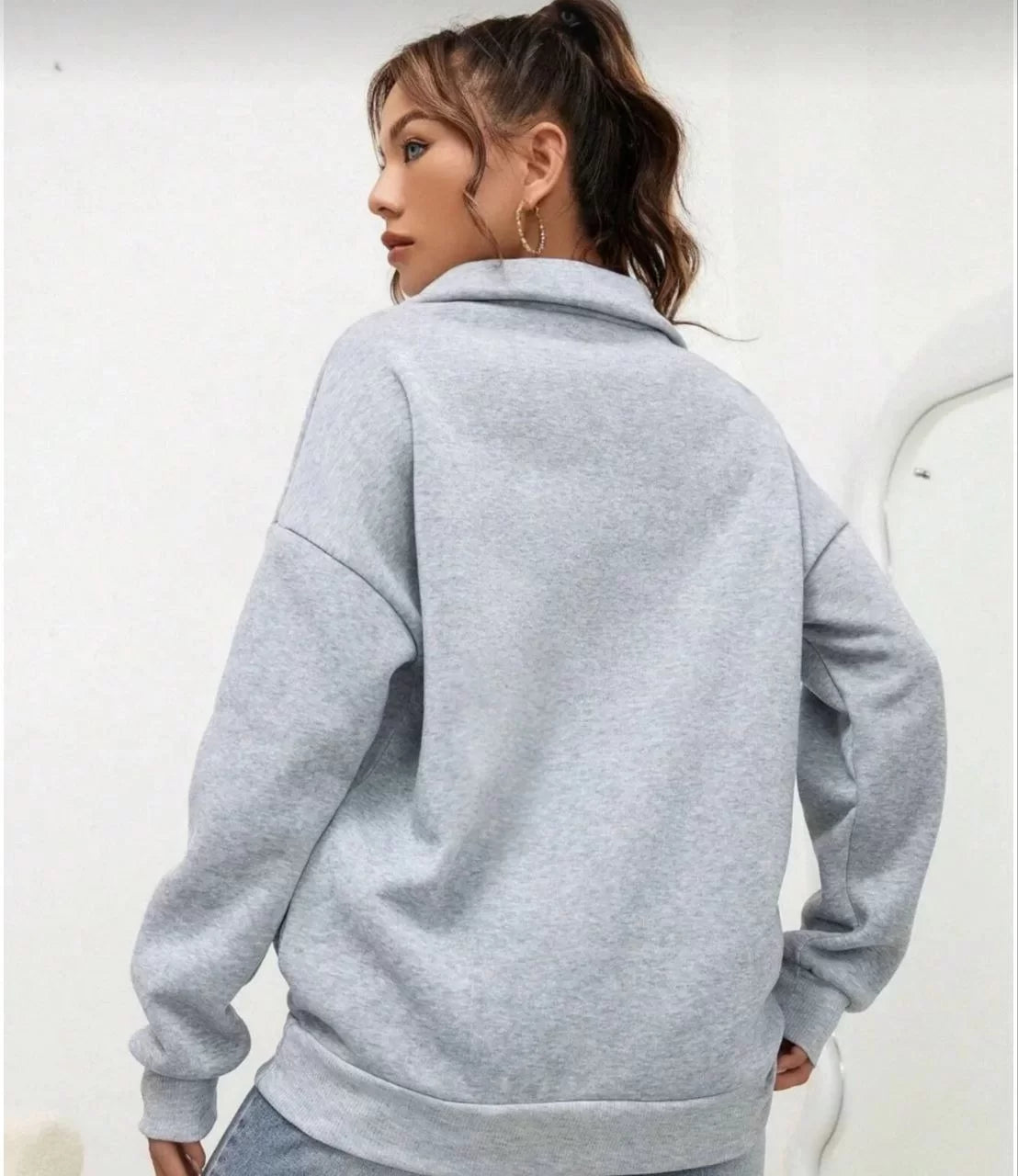 Unisex Uzun Kol Yarım Farmuarlı Yakalı Basic SweatShirt - Varsayılan