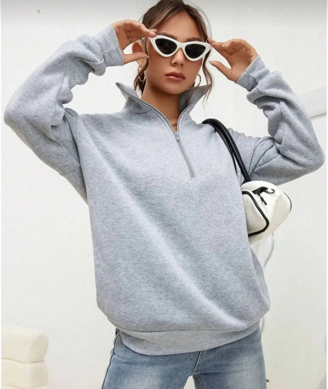 Unisex Uzun Kol Yarım Farmuarlı Yakalı Basic SweatShirt - Varsayılan