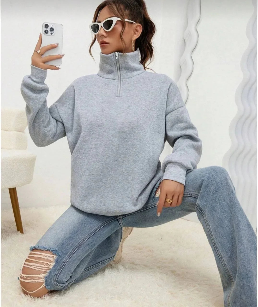 Unisex Uzun Kol Yarım Farmuarlı Yakalı Basic SweatShirt - Varsayılan