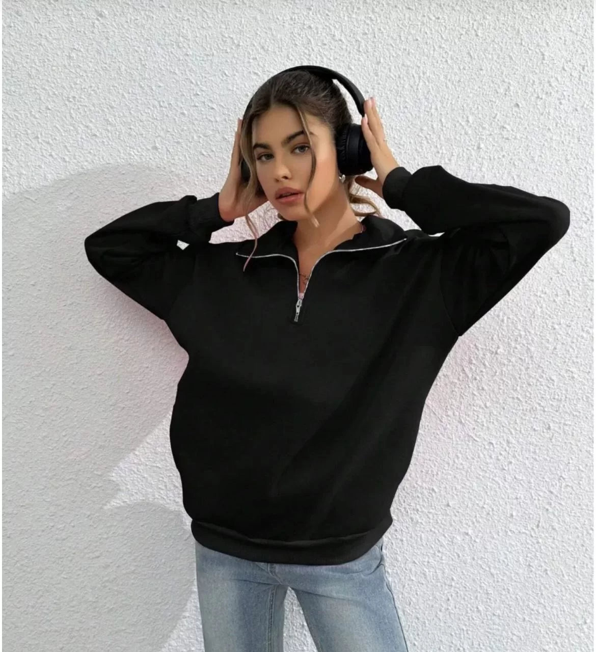 Unisex Uzun Kol Yarım Farmuarlı Yakalı Basic SweatShirt - Varsayılan