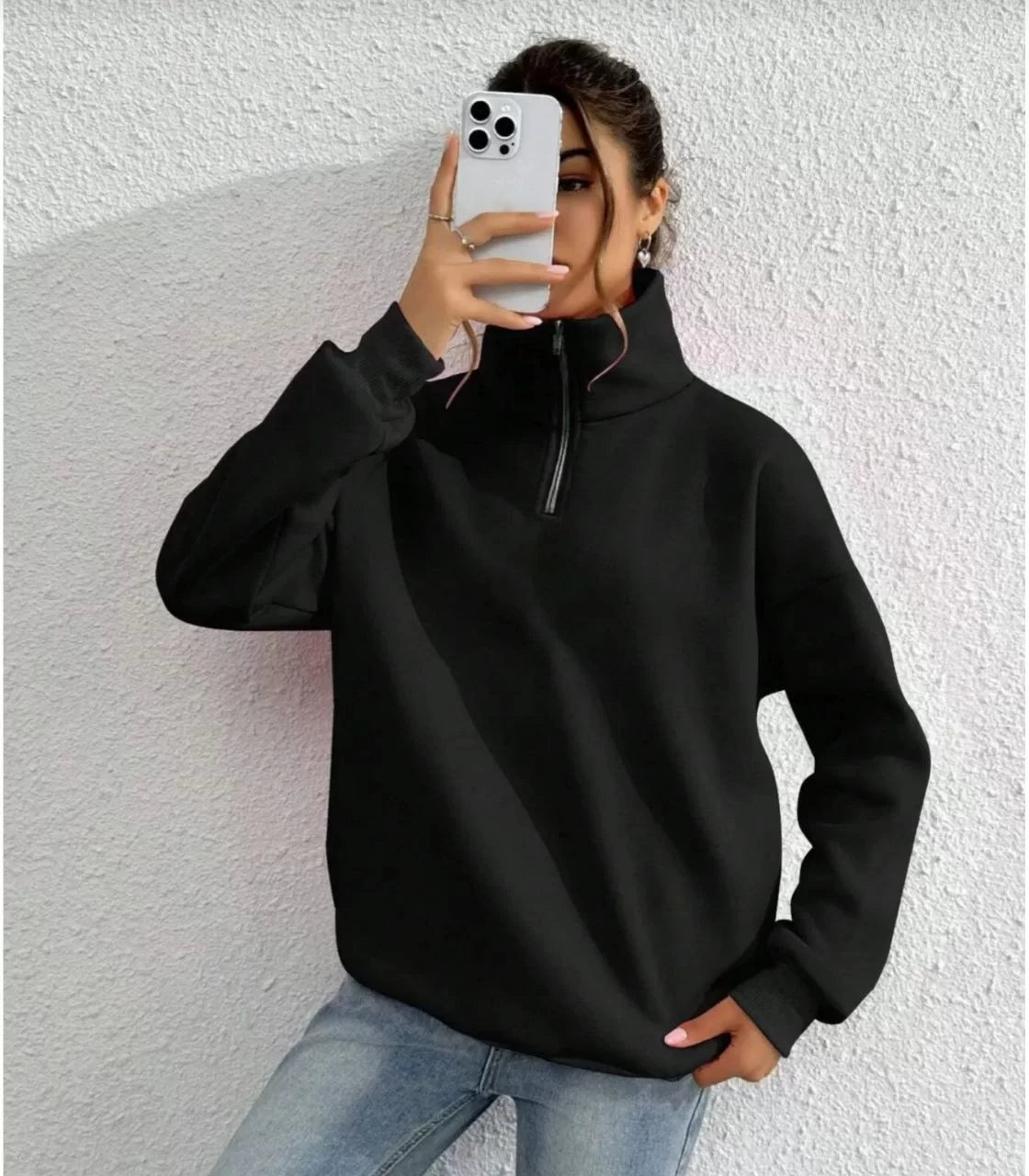 Unisex Uzun Kol Yarım Farmuarlı Yakalı Basic SweatShirt - Varsayılan