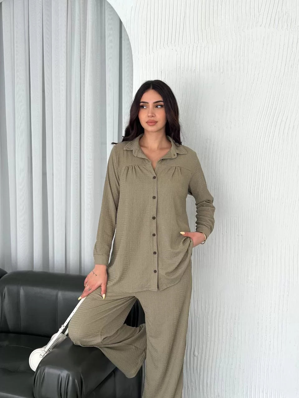 Yakalı Düğmeli Uzun Kollu Gömlek Pantolon ikili Takım - Varsayılan