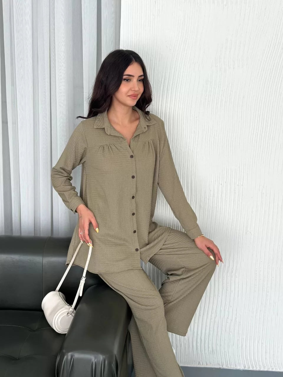 Yakalı Düğmeli Uzun Kollu Gömlek Pantolon ikili Takım - Varsayılan