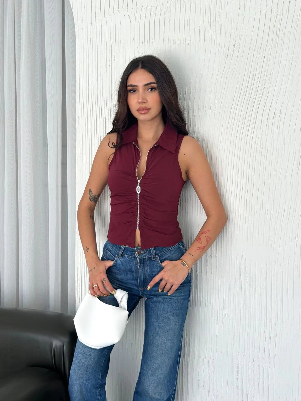 Yakalı Tam Fermuarlı Kolsuz Bluz - Varsayılan